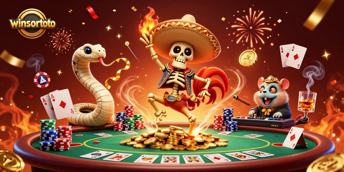 Menangkan dengan winsortoto! Skeleton mariachi menari di atas koin emas di tengah suasana kasino.