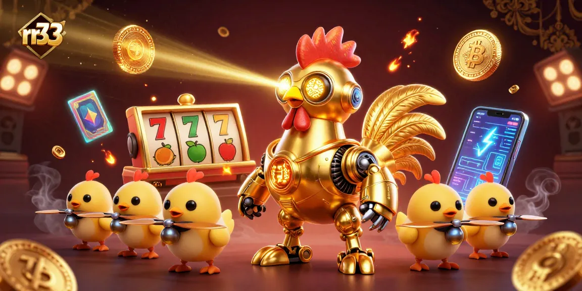 Spin and win with rr33's vibrant casino-themed illustration featuring a golden rooster robot and baby chick drones.