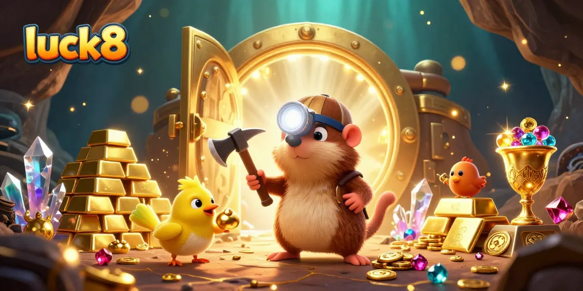 Luck8 players mining treasures with unique characters in a vibrant casino scene filled with jackpots and gems.