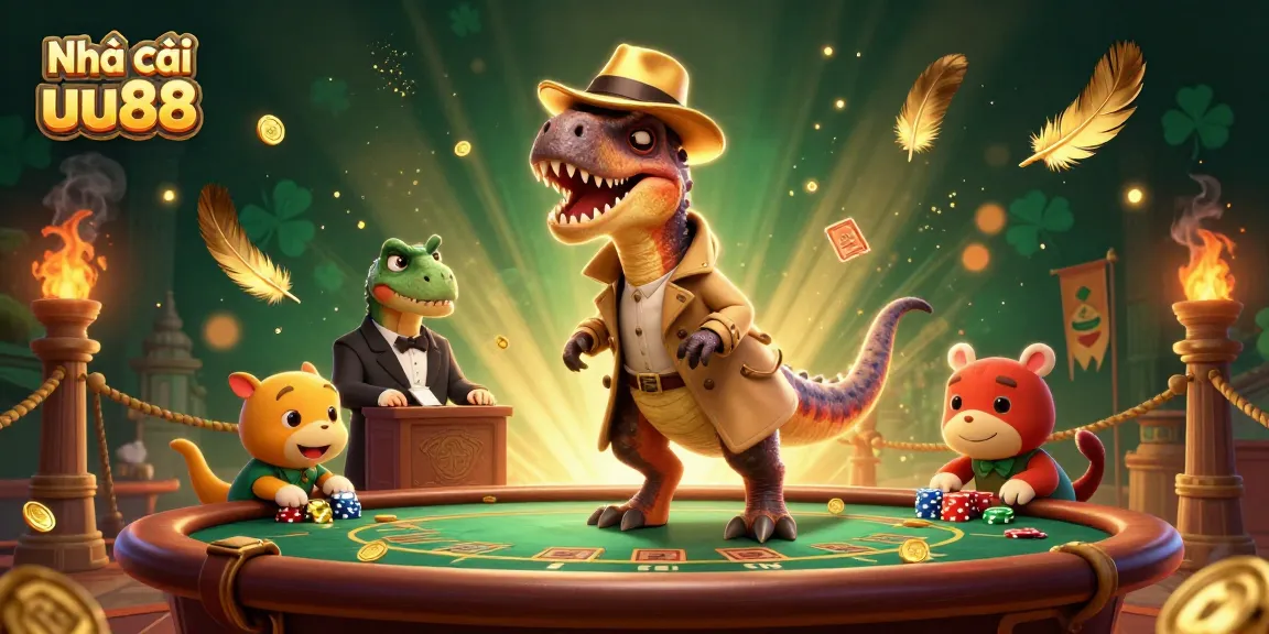 Experience thrilling games at Nhà cái uu88 with a cartoon velociraptor counter and stegosaurus pit boss in a vibrant casino setting.