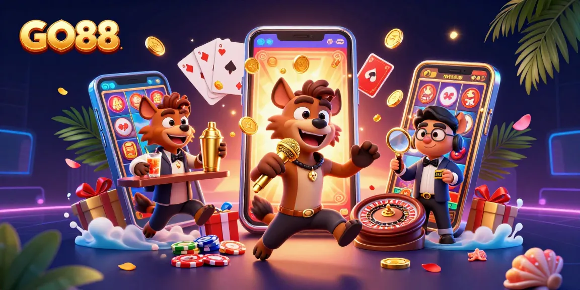 GO88 showcases exciting slots and casino action with hyenas in a vibrant comedy club setting.