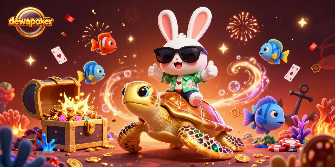 Dewapoker showcases winning strategies with a lucky rabbit and golden turtle in a vibrant casino scene.