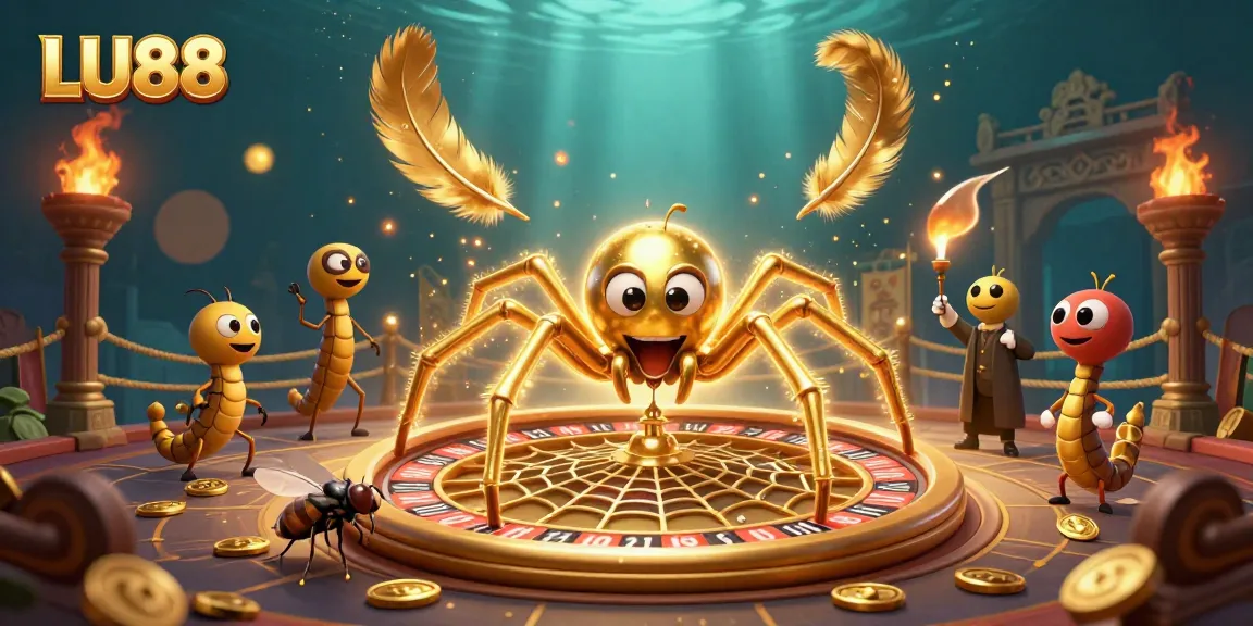 LU88 offers a thrilling betting scene with a golden spider spinning a roulette web amidst vibrant casino elements.
