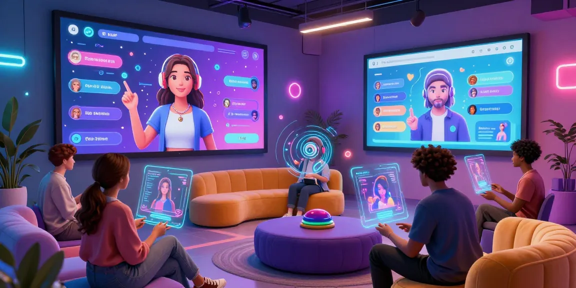 Users engaging with NSFW AI chatbots in a vibrant virtual environment, showcasing futuristic technology and interaction.