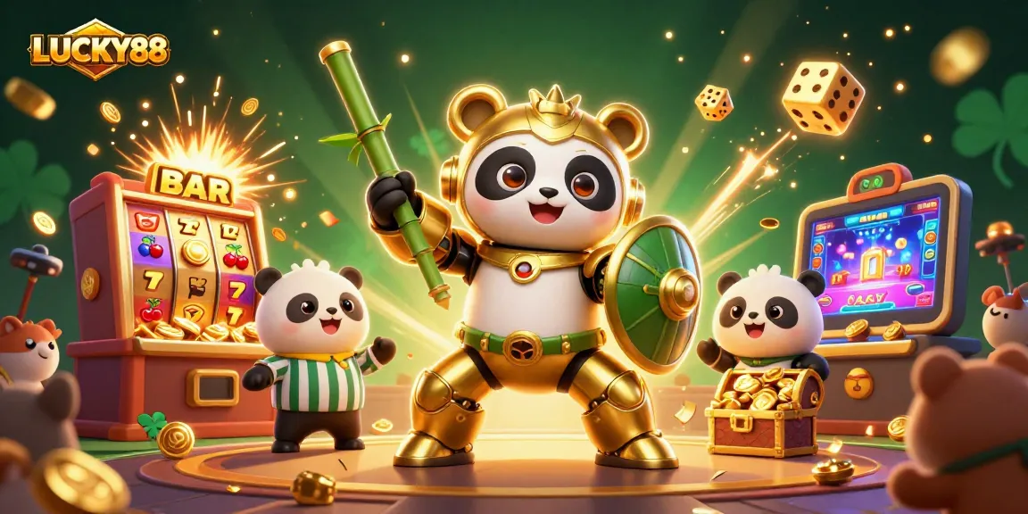 LUCKY88 features a mech-suit panda in a lively casino setting, embodying excitement and winning potential.
