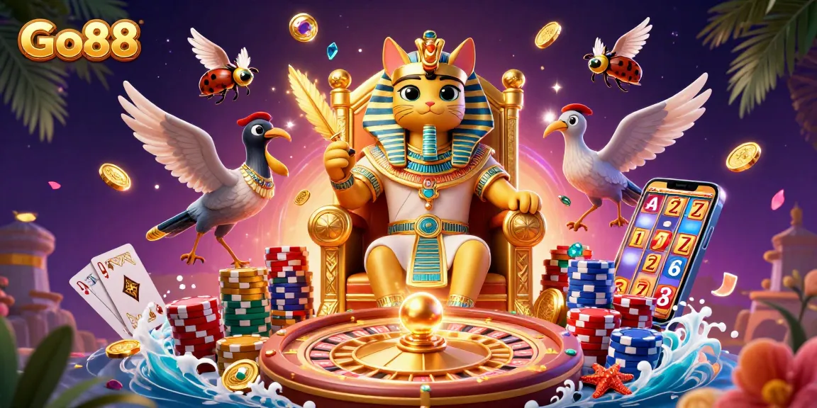 Engage with Go88 featuring an Egyptian pharaoh cat amidst sparkling casino elements, promoting online gaming fun.