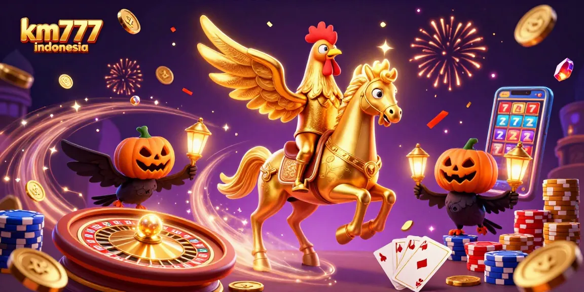 Engage with km777 indonesia's dynamic casino scene featuring a golden rooster and vibrant gambling elements.