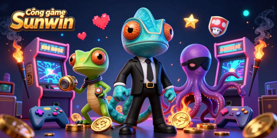 Cổng game Sunwin showcases vibrant gaming elements with a dynamic chameleon, gecko, and octopus in a rich casino scene.