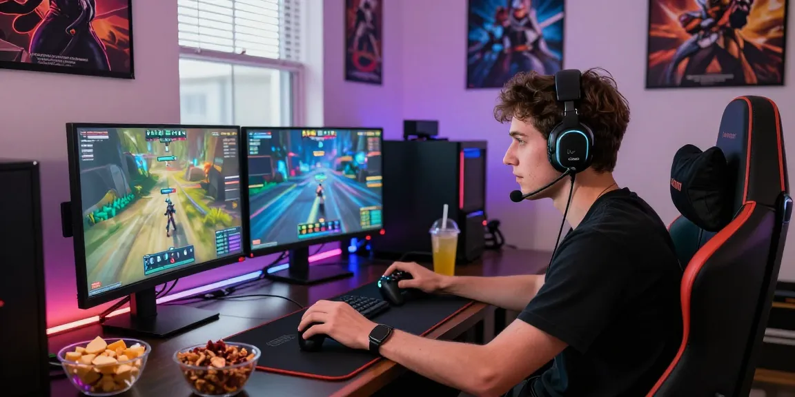 Engaged gamer at Raja Game login setup with multiple screens showing vibrant game graphics.
