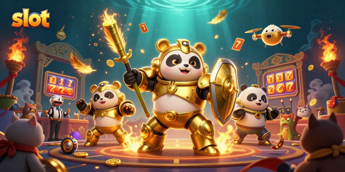 Menangkan jackpot slot di arena dengan panda emas yang mengemudikan robot bertarung sambil dikelilingi oleh penonton hewan.