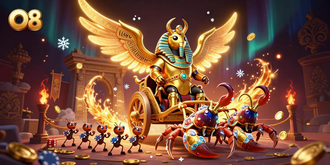 Bet on O8 with a vibrant 3D scene including a golden scarab beetle and chips in action.