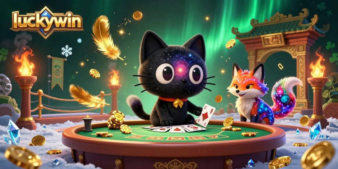 Engage with luckywin in an ultra-detailed cosmic casino adventure featuring a black hole cat and nebula fox.