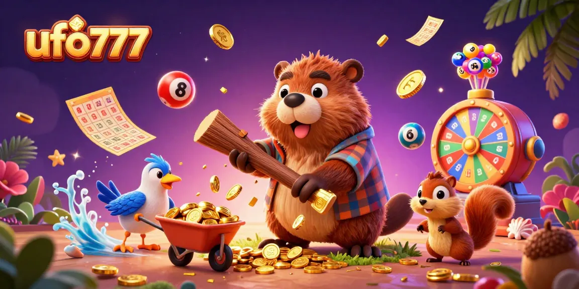 Engage with ufo777's vibrant game world featuring characters amidst golden coins and lottery elements.