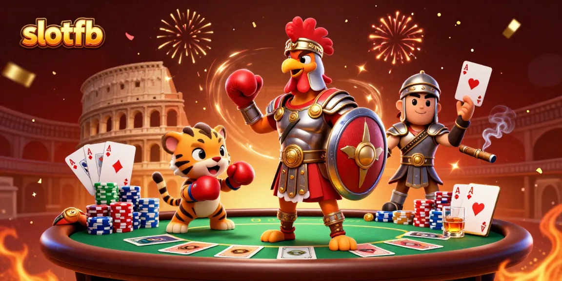 Menggabungkan slotfb dengan ilustrasi ayam jantan gladiator dan elemen kasino, menghadirkan keseruan di arena.