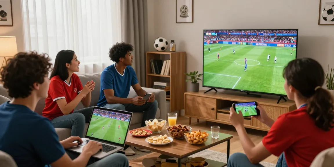 Fans enjoying Pelotalibre live football match on various devices in a lively living room.
