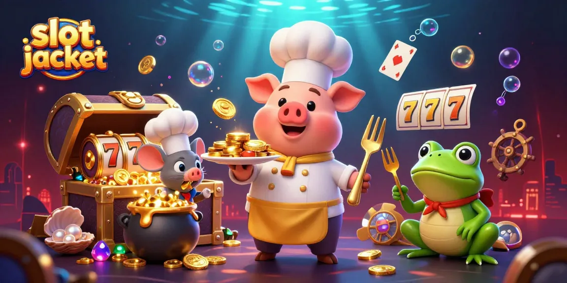 Menggandakan kemenangan di slot jackpot dengan karakter lucu dari kasino, yang dikelilingi koin emas dan elemen menarik.