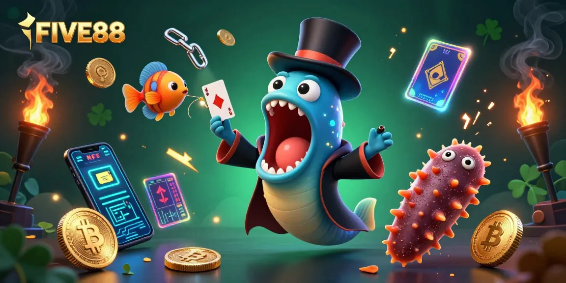 Engage with FIVE88's vibrant casino magic scene featuring playful sea creatures and cryptocurrencies.