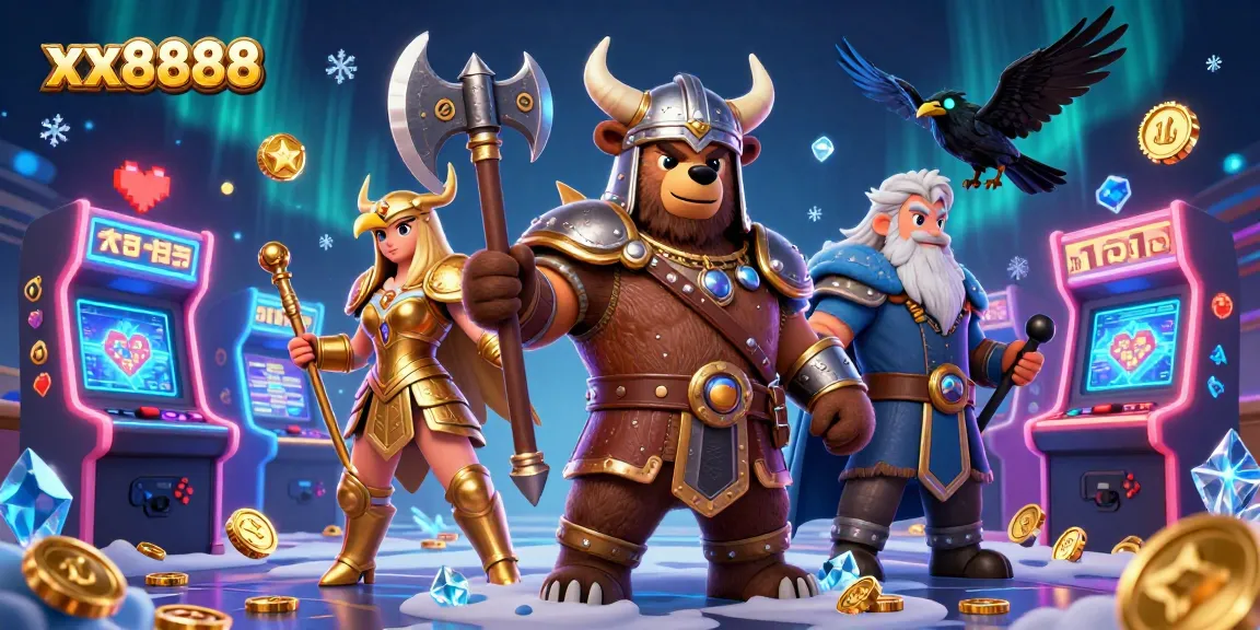 Play exciting games at xx8888's vibrant casino atmosphere with a dynamic Viking and Valkyrie scene.