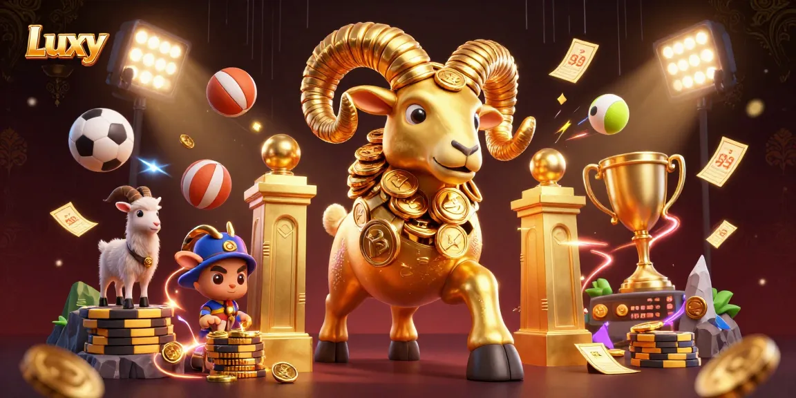 Luxy sports betting scene with a golden ram charging through light-filled stadium, showcasing action.