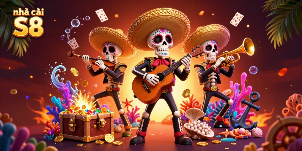 Experience the thrills with nhà cái S8's vibrant gaming scene featuring colorful mariachi skeletons and rich treasures.
