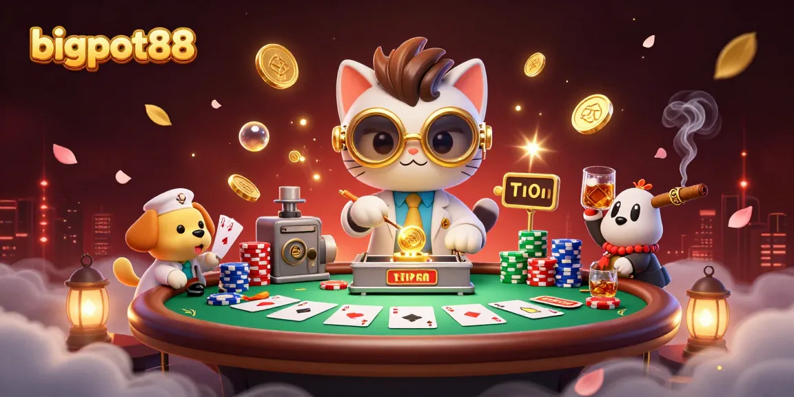 bigpot88 casino scene featuring a mad scientist cat and lab assistant dog bustling with poker elements.
