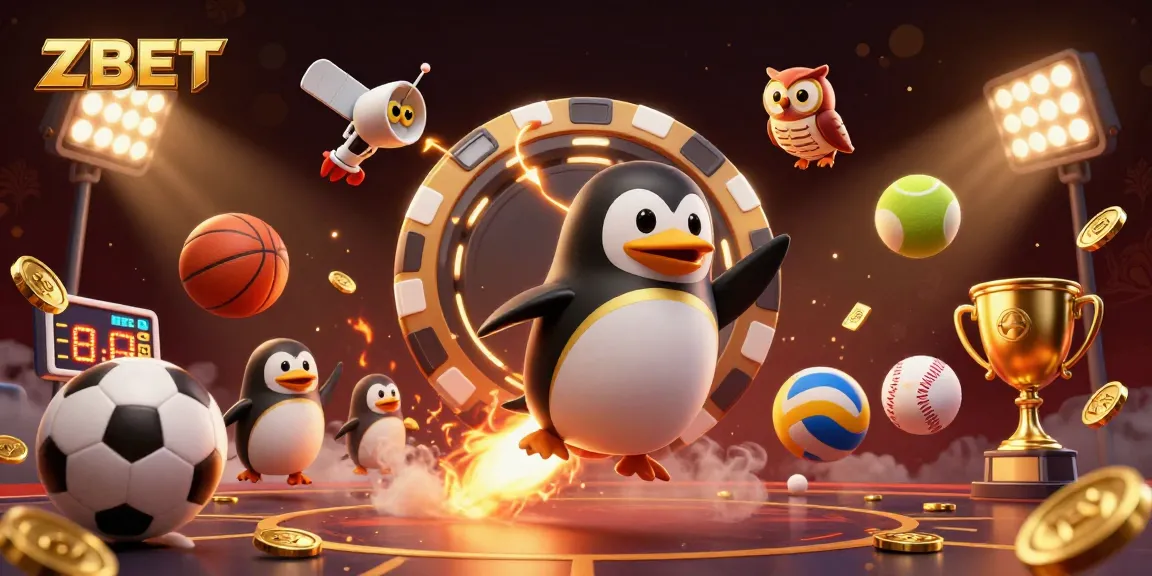 ZBET sports betting illustration featuring a golden penguin and sports balls amidst casino elements.