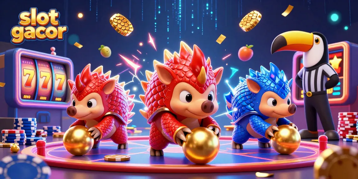 Engaging scene of rival pangolins in a colorful slot gacor game, bowling poker chips with exciting visual elements.